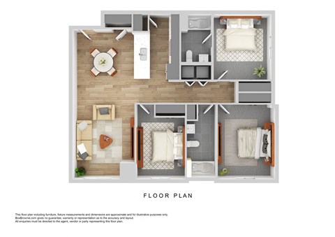 Floor plan for 3 beds, 2 baths, 1244 sqft